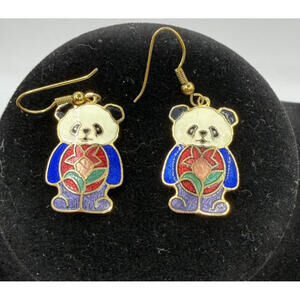 Cloisonne Enamel Panda Hooked Earrings, Vintage, 1980's, Collectable
